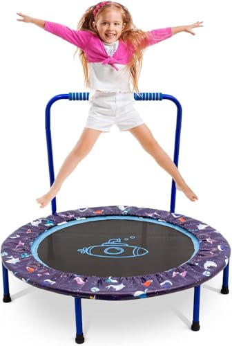 Trampolín para niños, para interior y exterior, plegable, con pasamanos, diseño lindo, cama elástica para niños y niñas a partir de 3-6 años, diámetro de 97 cm, carga hasta 50 kg (B)