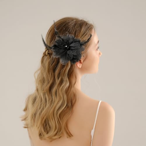 Pinza vintage para cabello con plumas y flores grandes miniatura 2