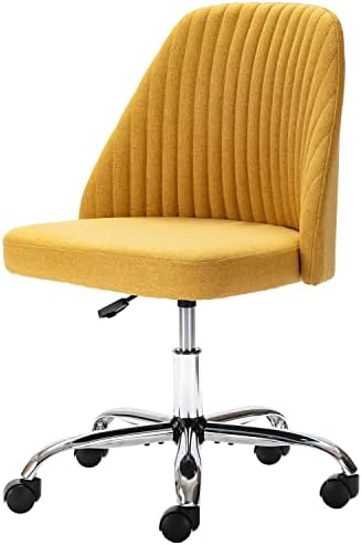 Home Office Desk Chair, Vanity Chair, Modern Adjustable Low Back Rolling Chair, Twill Upholstered Cute Office Chair, Desk Chairs with Wheels for Bedroom, Classroom, Vanity Room (Yellow)
