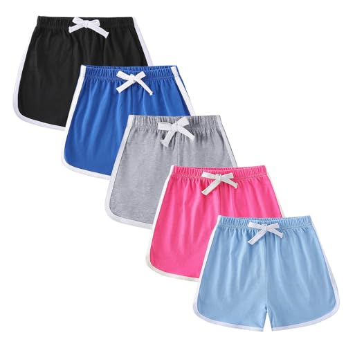 Girls Summer Cotton Dophin Shorts 5-Pack Comfy Elastic Waist Loose Colorblock Boys Running Shorts for Toddler 1-11 Years4