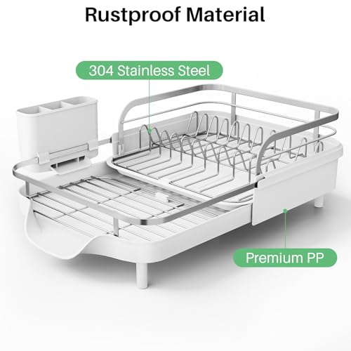 Image of SNTD Dish Drying Rack, Expandable Dish Rack for Kitchen Counter, Stainless Steel Dish Drainer with Drainboard Set and Utensil Holder (White)