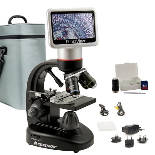 Celestron – PentaView LCD Digital Microscope – 4.3" Screen – 5MP Camera – 40x–2400x Magnification – Rotating Head – SD Card Included –TV Output – Ideal for Slides, Labs, Classrooms, Biology, Education by Celestron - Used condition - US$406.43