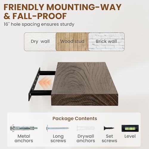 Image of Fun Memories 18 inch Elm Wood Floating Shelves for Wall, Walnut Finish, 2 Pack
