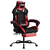 SUKIDA Silla ergonómica para Videojuegos con reposapiés, reposacabezas para Silla de Videojuegos, Silla de Videojuegos, Altura Ajustable, Soporte Lumbar para Oficina en casa y Juegos, Color Rojo