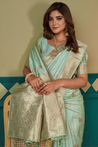 Image of SGF11 Women's Kanjivaram Pure Soft Silk Saree For Women Pure Golden Zari With Blouse Piece