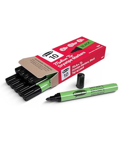 SHOW-ME - Whiteboard Markers | Drywipe, Erasable Black Medium Tip 2mm Line | Classroom Board Writing Pens with 3-Day Cap-off, Box of 10