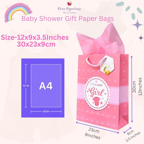 Image of Flora Paperbags -Pack of 10 | Pink Baby Shower Design Paper Gift Bags for Return Gifts | Medium Size-23x30x9cm | Glossy Lamination | paper bags for Birthday | Holiday Presents