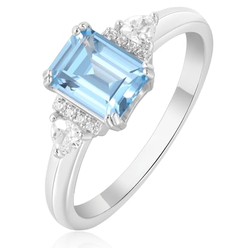 Emerald Cut 3 Stones Ring for Women with Natural Sky Blue Topaz in 925 Sterling Silver, Blue Birthstone 14k White Gold Plated Promise Engagement Ring for Her, Anniversary Birthday Jewelry Set