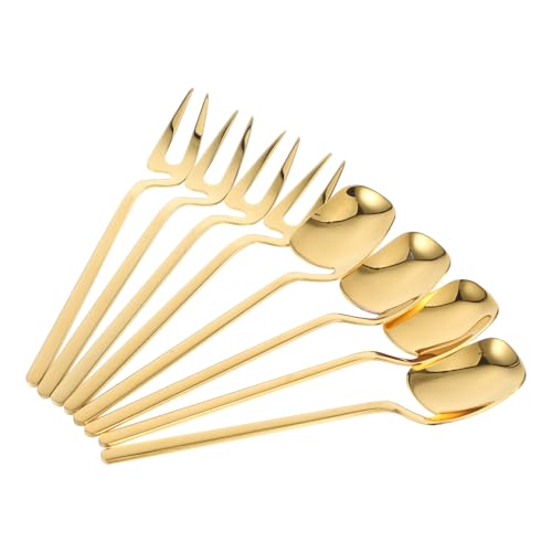 Cabilock Dessert Forks and Spoons Silverware Set Stainless Steel Forks and Spoons, Small Appetizer Cocktail Fruit Forks, Mini Coffee Spoons Teaspoon for Kitchen (4 Forks+4 Spoons) Golden