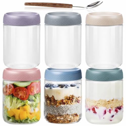MR.KIANGCI 500ml Overnight Oats Gläser 6 Pack Meal Prep Boxen Glas mit Deckel und Löffel Wide Mouth Meal Prep Gläser mit Deckel Joghurt Snacks Obst Salat Dressing Einmachgläser für Trockenvorräte