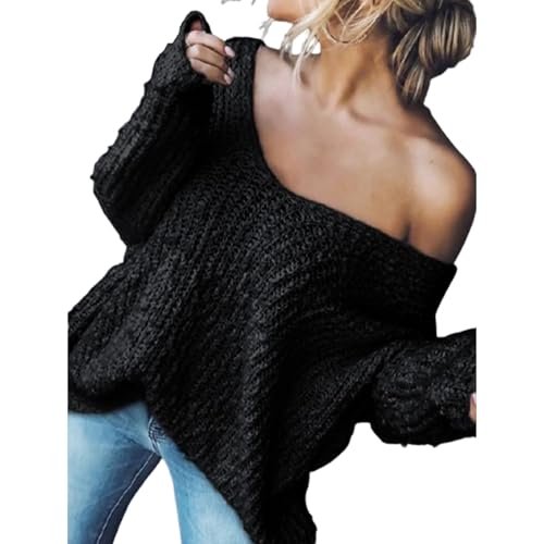 Withbelong Top, Women's Off-The-Shoulder Sweater Loose Lightweight Pullover Top, V-Neck Hollow Knitted Long-Sleeved