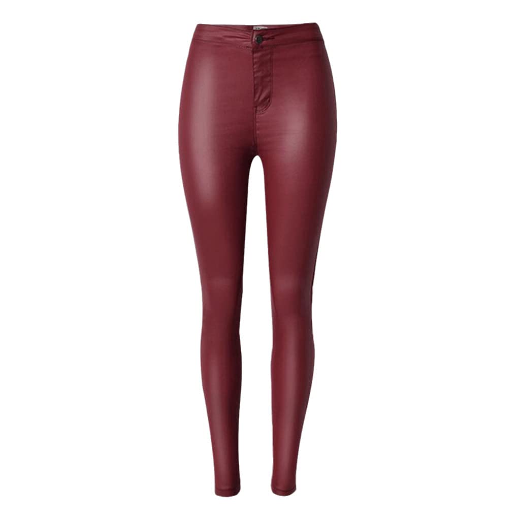 Dninmim Pantalon skinny taille haute en cuir PU pour femme printemps automne vin rouge, rouge vin, L
