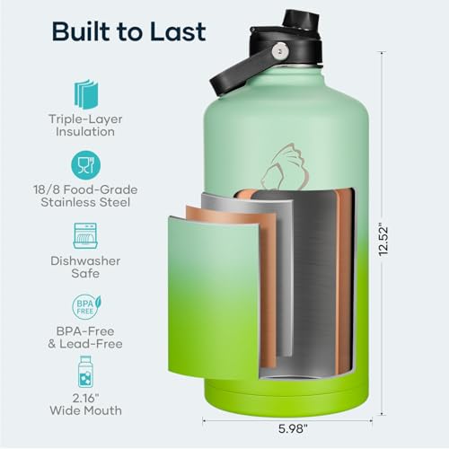 Image of BUZIO 1 Gallon Water Bottle Insulated with Dust-Proof Straw & Spout Lids