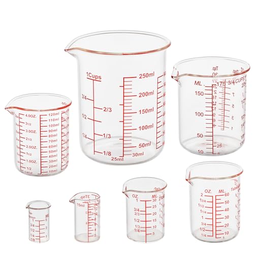 Ackers 7-Piece Glass Measuring Cup Set, Borosilicate Beaker Style Nesting Liquid Measuring Cups