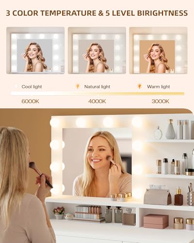 Image of LIVELYGLOW White Makeup Vanity Desk with Charging Station & 4 Drawers | 10 LED Bulbs, HD Mirror, Cushioned Stool, Hairdryer Rack
