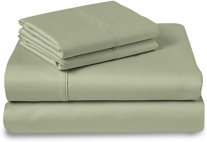 Pizuna Pure 100% Cotton Sheets Full Size, Luxurious 400 Thread Count Long Staple Cotton SateenSheets Full with 15inch Deep Pocket (Combed Light Sage Cotton Sheets Full)