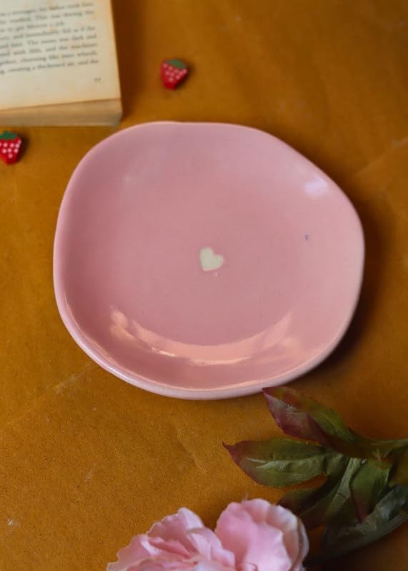 Image of WEAVING HOMES Pink Cupid Handmade Ceramic Dessert Plate, Sweet Plate 16 cm Set of 1, Microwave & Dishwasher Safe Side Plate for Cakes, Pastries, Tea Time & Desserts