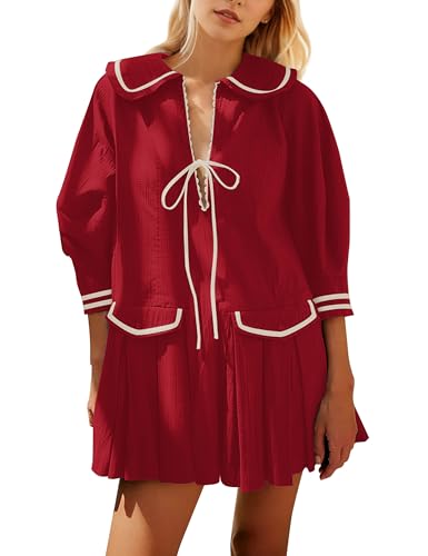 Image of Women Cute Ruffle Tunic Mini Dress Summer Pleated Babydoll Shirt Dress Casual Loose V Neck 3 /4 Sleeve Short Sundress