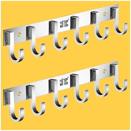 Image of Stainless Steel Cloth Hanger for Wall, Clothes Hook Hangers Door Mount, Bathroom Hooks for Hanging Towel, Wall Mounted Shirt Hangers, Dress Holder Hooks - 6 Pin-XL, Pack of 2, Silver