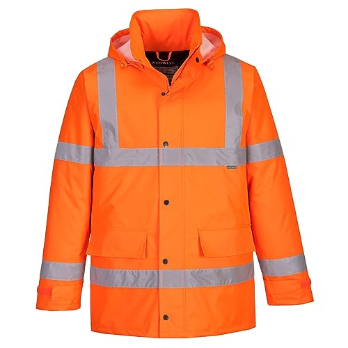 Portwest S460 Mens Hi Vis Winter Traffic Jacket Waterproof Reflective Bio Motion Workwear Coat Windproof Padded Insulated for Construction Road Traffic and Outdoor Work, Orange, L