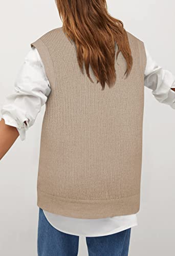Viottiset Women's Oversized Button V Neck Sweater Vest Sleeveless Open Front Knit Cardigan Khaki Large #TOP3