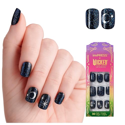 imPRESS X WICKED: FOR GOOD Press On Nails Know Your Power Blue Short Squoval New Improved Adhesive Up To 10 Day Hold Includes 30 Fake Nails 1 Prep Pad 1 Manicure Stick 1 Mini File