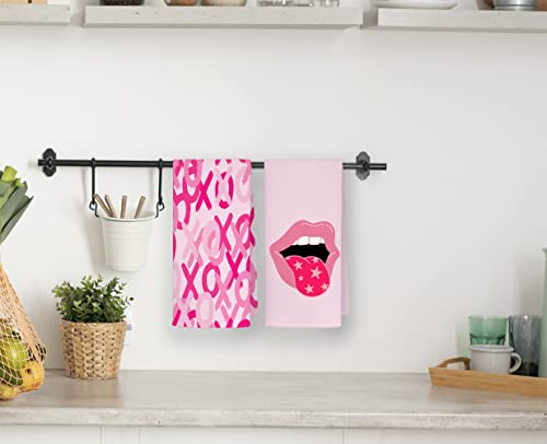Qodung Hot Pink Preppy Glitter Lips Xoxo Soft Absorbent Kitchen Towels Dishcloths 16X24 Inch Set Of 2,Trendy Preppy Absorbent Drying Cloth Hand Towels Tea Towels For Dorm Bathroom,Teen Girls Gift #TOP2
