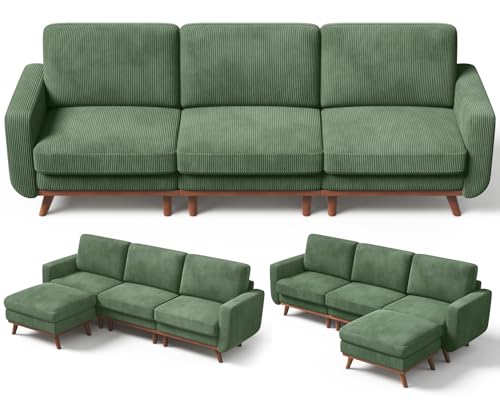 Image of Vesgantti 97 inch L-Shape Modular Sofa, 3-Seat Corduroy Couch with Movable Ottoman, Sectional Sofa for Living Room, Green