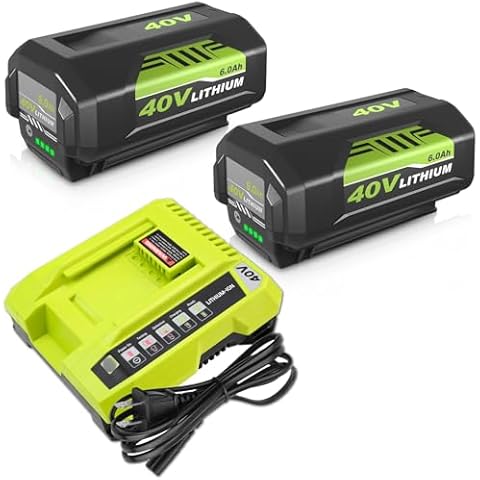 2Pack 6.0Ah Replacement for Ryobi 40V Battery Lithium Ion and OP401 Charger Compatible with Ryobi 40 Volt Battery OP4026 OP4050A OP4040 OP4030 OP4050 Replacement for Ryobi 40v OP401 Charger (Green) Cover