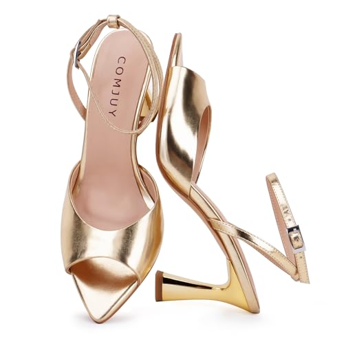 COMJUY Gold Heels for Women Peep Pointed Toe Kitten Heeled