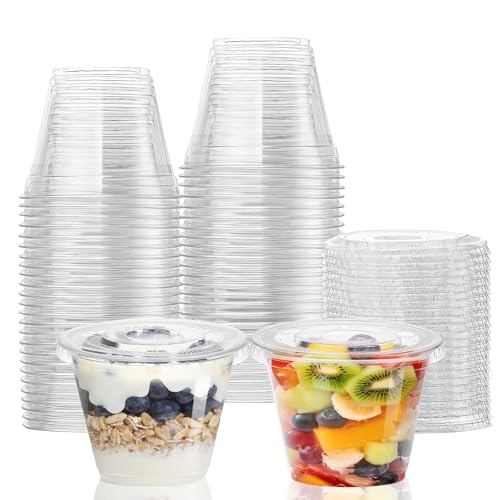 CenYouful 9 oz Clear Plastic Cups with Flat Lids No Hole, 50 Packs, Disposable Dessert Cups with Lids for Ice Cream, Cake, Snacks, Fruit, Cold Drinks, Smoothie, Pudding, Salad