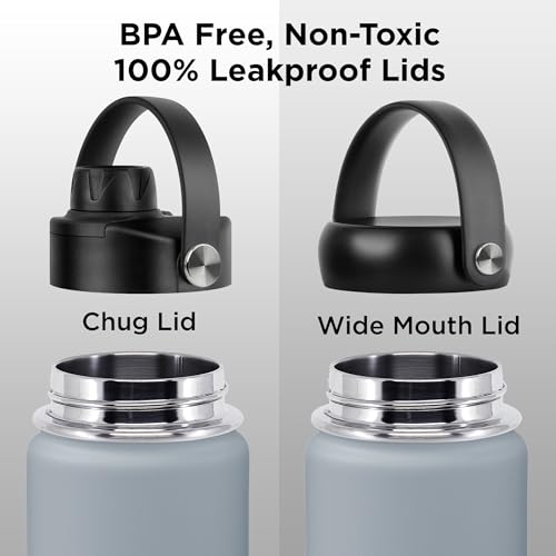 Image of ThermoProof Double-Walled Vacuum Insulated Stainless Steel Water Bottle - Wide Mouth with Chug & Spout Lids, Dishwasher Safe, Reusable, Leakproof, Hot & Cold for Men, Women & Kids - 22oz, Light Gray