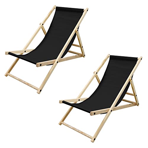 ECD Germany Set 2X Silla de Playa Madera de Pino 3 Posiciones de Reclinación Plegable Tumbona Tradicional para Jardín o Balcón Negra Impermeable hasta 120kg Tejido Oxford Hamaca de Terraza Piscina