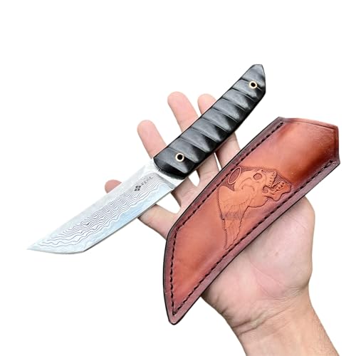 Obespina Couteau Artisanal Style Japonais Lame Fixe Acier Damas Tanto Manche Bois Étui Cuir Tete De Mort Collection Custom Cadeau Homme Suminagashi VG10 forge artisanat camping tranchant