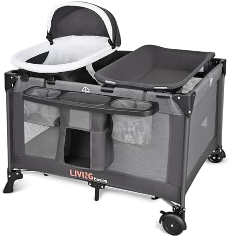 LIVINGbasics 4 in 1 Baby Playard, Foldable Baby Bassinet with Removable Cradle and Changing Table for Home/Travel/Outdoor