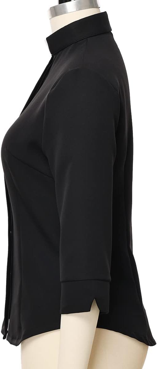 Womens Clergy Shirt Tab Collar 3/4 Sleeve Round Tailed Button Down Blouse - Image 5