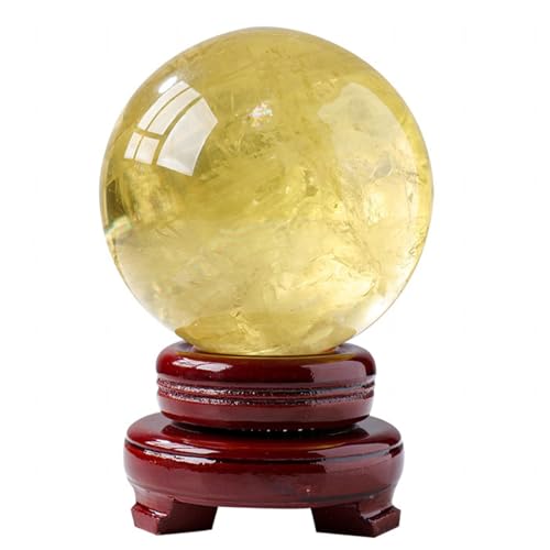 Boule de citrine 85mm en quartz jaune véritable avec son support en bois