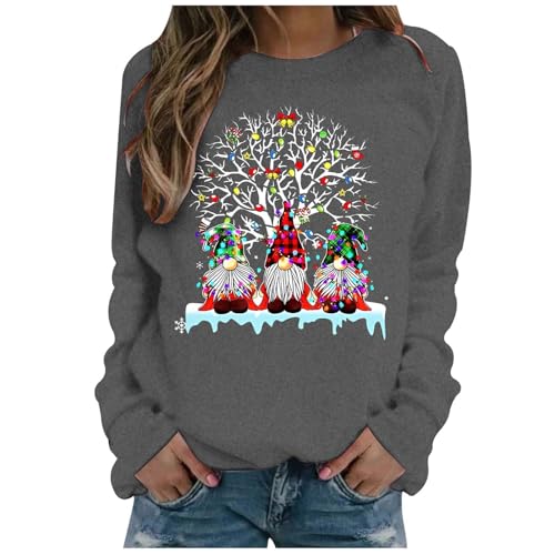 Christmas Sweatshirt for Women UK Funny Gnomes Graphic Printed Jumper Long Sleeve Crewneck Winter Warm Xmas Holiday Pullover Lightweight Loose Fleece Raglan Shirts Ladies Casual Outfit (A04-Grey, XL)