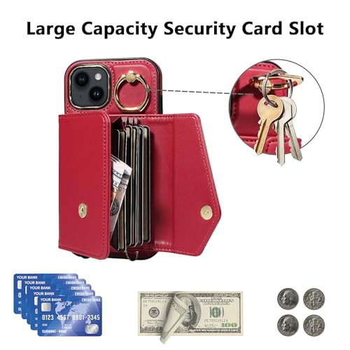 S. Tedazo Crossbody Wallet Case for iPhone 15 with Strap, 360° Rotating Ring Kickstand & Card Holder RFID Blocking, Leather Purse Case for iPhone 15(6.1 inch, Red)