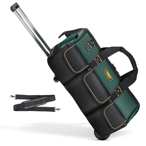 WINHUNT Rolling Tool Bag with Wheels, 22 Inch Wheeled Tool Trolley with Adjustable Telescopic Handle Portable Tool Box Organizer for Electricians Construction Work, Green