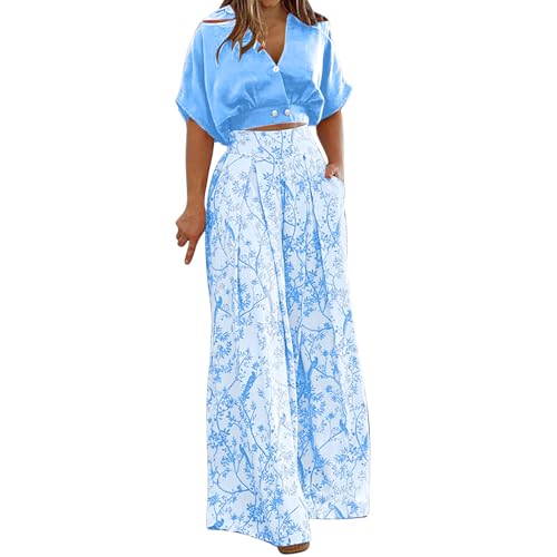 Compra Online Conjunto Mujer Vestir Dos Piezas,Traje Pantalón Fiesta de 2 Piezas Cuello V Camisa Manga Corta y Pantalones Pernera Ancha con Estampado Floral Elegante Negocios Oficina Fiesta Traje