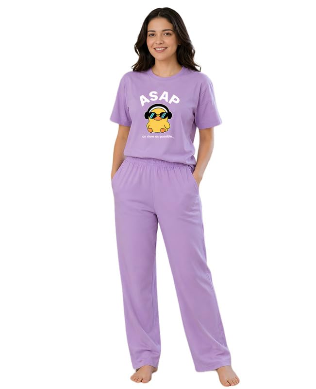 Women's Pure Cotton Top and Pyjama Co-Ord Set | ASAP Graphic Printed Night Suit | Regular Fit Half Sleeve Round Neck T-Shirt & Pajama Sleepwear Loungewear Set (Lavender, 3XL)-image-43
