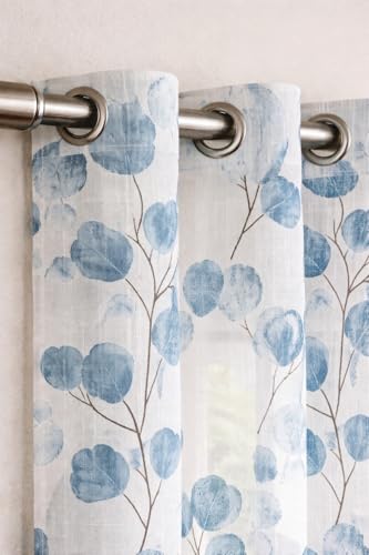 Image of THE LINEN COMPANY Cotton Sheer Printed Curtain for Window Bedroom and Living Roonm Home dcor Set of 2 (05 Feet,Soft Blue Leaf)