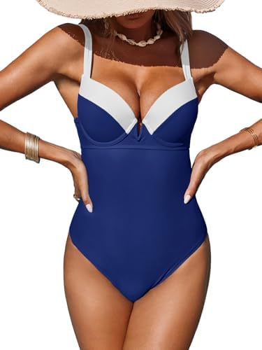 Fisoew Women One Piece Tummy Control Swimsuits Retro Slimming Colorblock Back Tie Vintage Bathing Suits