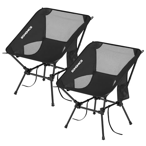 La mejor selección de Silla Chairman - los preferidos. 47 SONGMICS Silla de Camping, Juego de 2, Silla de Exterior, Altura Ajustable, Respaldo Bajo, Carga 150 kg, 2 Bolsillos, Negro MGCB052BZ01