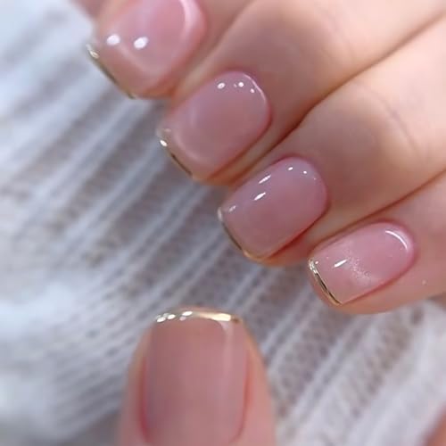 Nude Pink Press on Nails Short Square Fake Nails with French Tip...