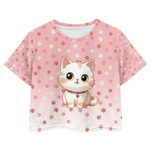 Image of Cat Print Girls Cotton T Shirts Size 7-8 Cute Crop Tops for Toddler Loose Short Sleeve Shirts for Girls Graphic Tees for School Thicken Summer Clothes for Kids Gift for Her, X-Small