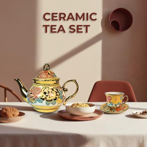 Image of DMRD Ceramic Tea Set -13 Pcs |1Kettle (800 ml), 6 Cups (180ml) & 6 Plates | Microwave & Dishwasher Safe | Elegant Morning Tea Set for Gifting | Floral & Aesthetic Design | Cute Cups Set (Golden)