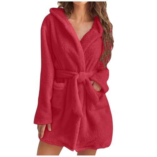 Mujer Invierno Hogar Ocio Monocolor Albornoz Doble Bolsillo Tirantes Camisón Seda Pijama Mujer, rojo, XL