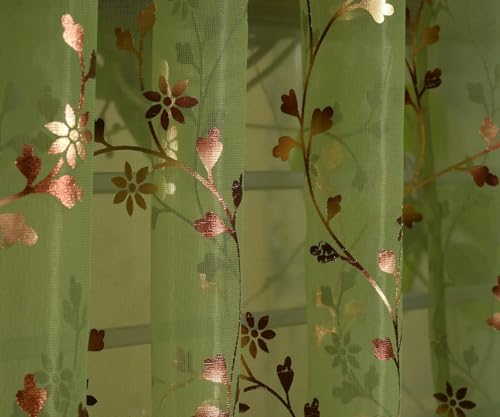 Image of littlelotus Floral Print Tissue Net Sheer Transparent Grommet Curtains for Window 5 feet Long Set of 2, Green
